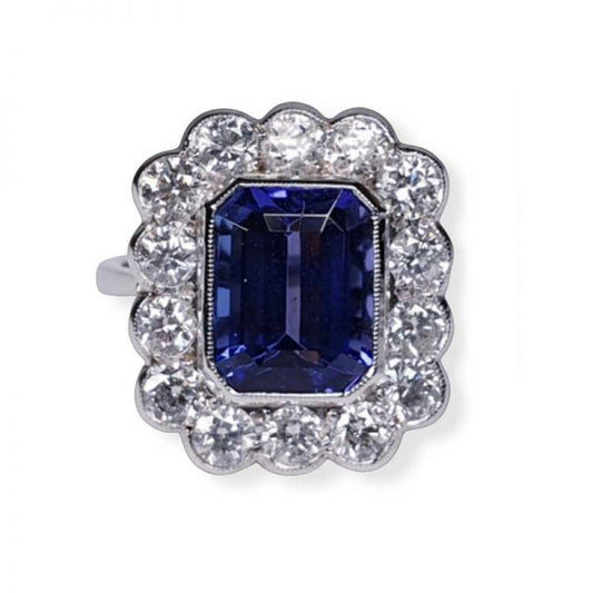 Tanzanite and Diamond Cluster Ring, Rectangular Emerald Cut 4 carats