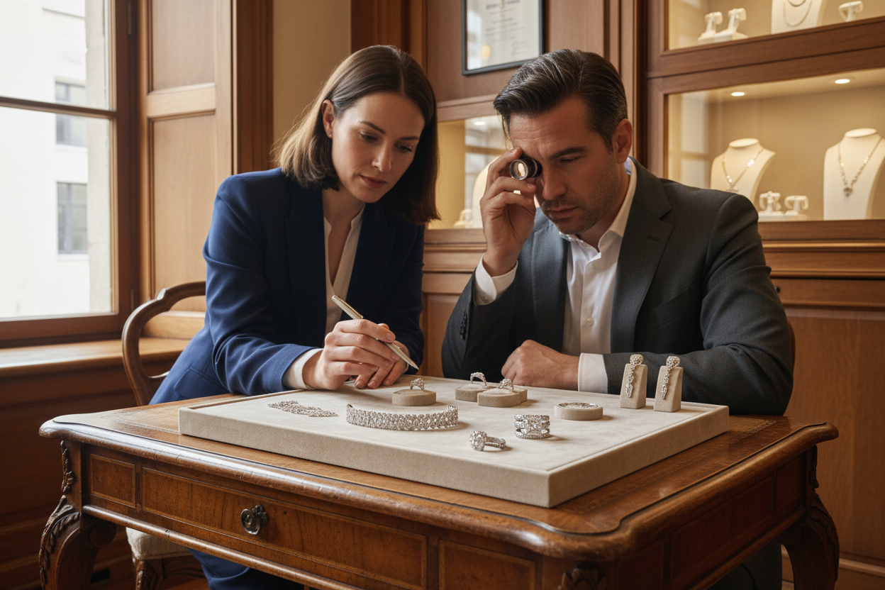 The image shows a two women people examining pieces of jewellery — a diamond Bracelet and diamond rings and diamond earrings,white stones. The scene takes place over a wooden antique desk with a beige jewelry tray, suggesting a jewelry store or appraisal setting.