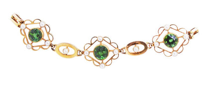 Vintage Green Tourmaline and Seed Pearl Bracelet, 15ct Yellow Gold