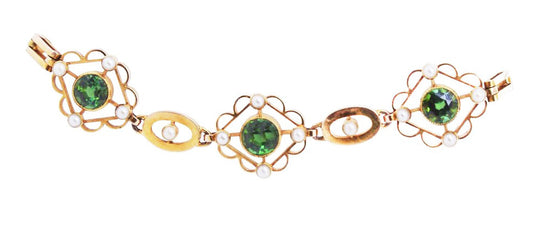 Vintage Green Tourmaline and Seed Pearl Bracelet, 15ct Yellow Gold