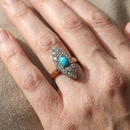 Early 20th Century 18KT Gold Turquoise and Old Cut Diamond Cluster Ring