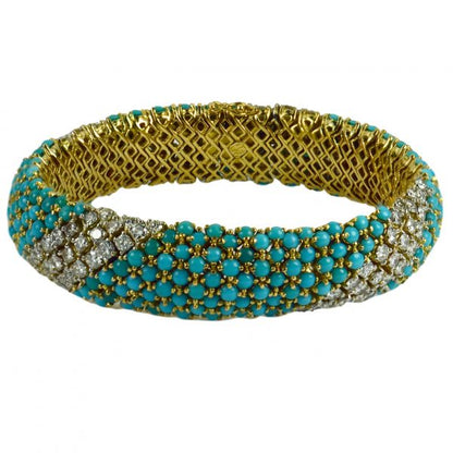 Italian Blue Turquoise White Diamond Yellow Gold Pelouse Bracelet