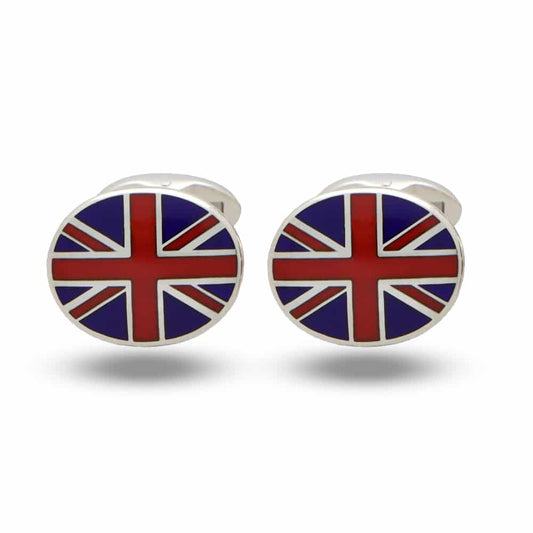 A pair of Union Jack enamelled cufflinks in silver on a white background