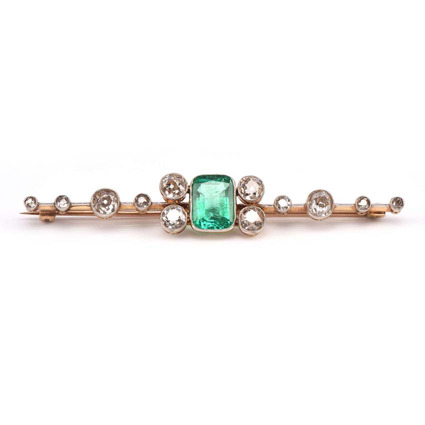 Antique Certified 3.10ct Colombian Emerald and 2ct Old Cut Diamond Brooch