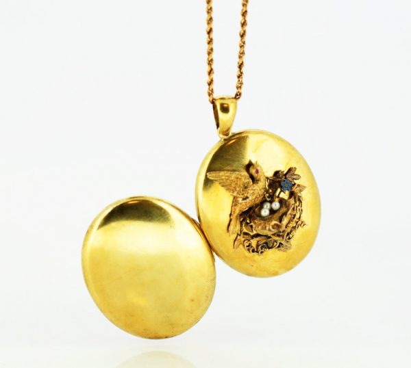 Victorian Locket Pendant, Bird Decoration with Pearls and Ruby, 15ct Gold