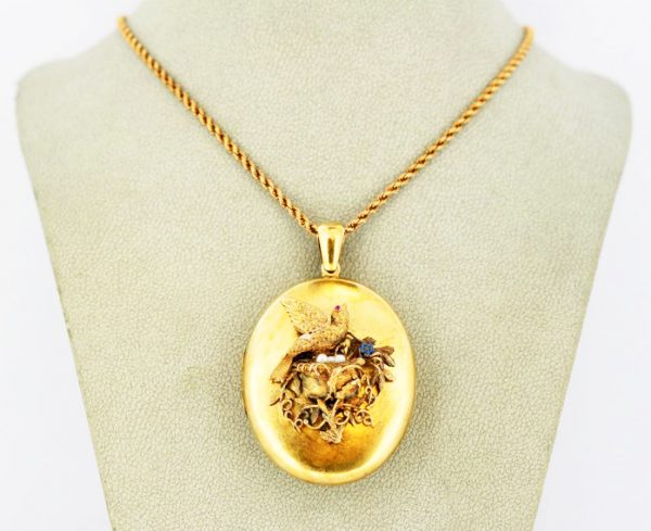 Victorian Locket Pendant, Bird Decoration with Pearls and Ruby, 15ct Gold