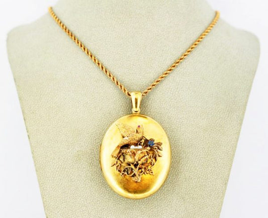 Victorian Locket Pendant, Bird Decoration with Pearls and Ruby, 15ct Gold