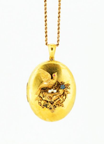 Victorian Locket Pendant, Bird Decoration with Pearls and Ruby, 15ct Gold