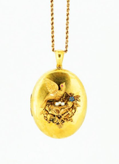 Victorian Locket Pendant, Bird Decoration with Pearls and Ruby, 15ct Gold