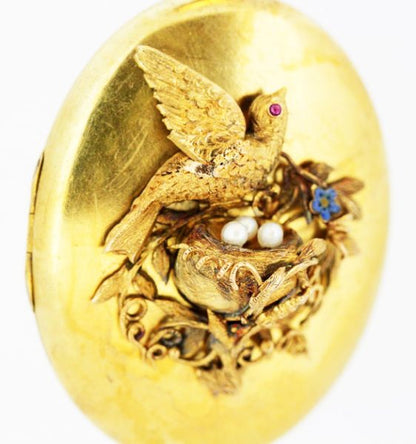 Victorian Locket Pendant, Bird Decoration with Pearls and Ruby, 15ct Gold
