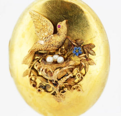 Victorian Locket Pendant, Bird Decoration with Pearls and Ruby, 15ct Gold