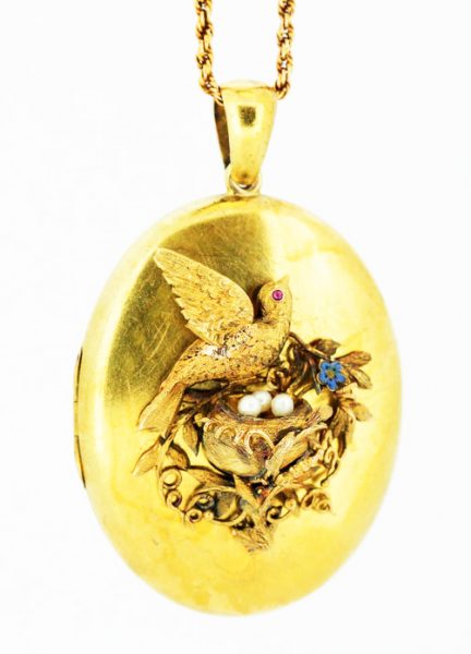 Victorian Locket Pendant, Bird Decoration with Pearls and Ruby, 15ct Gold
