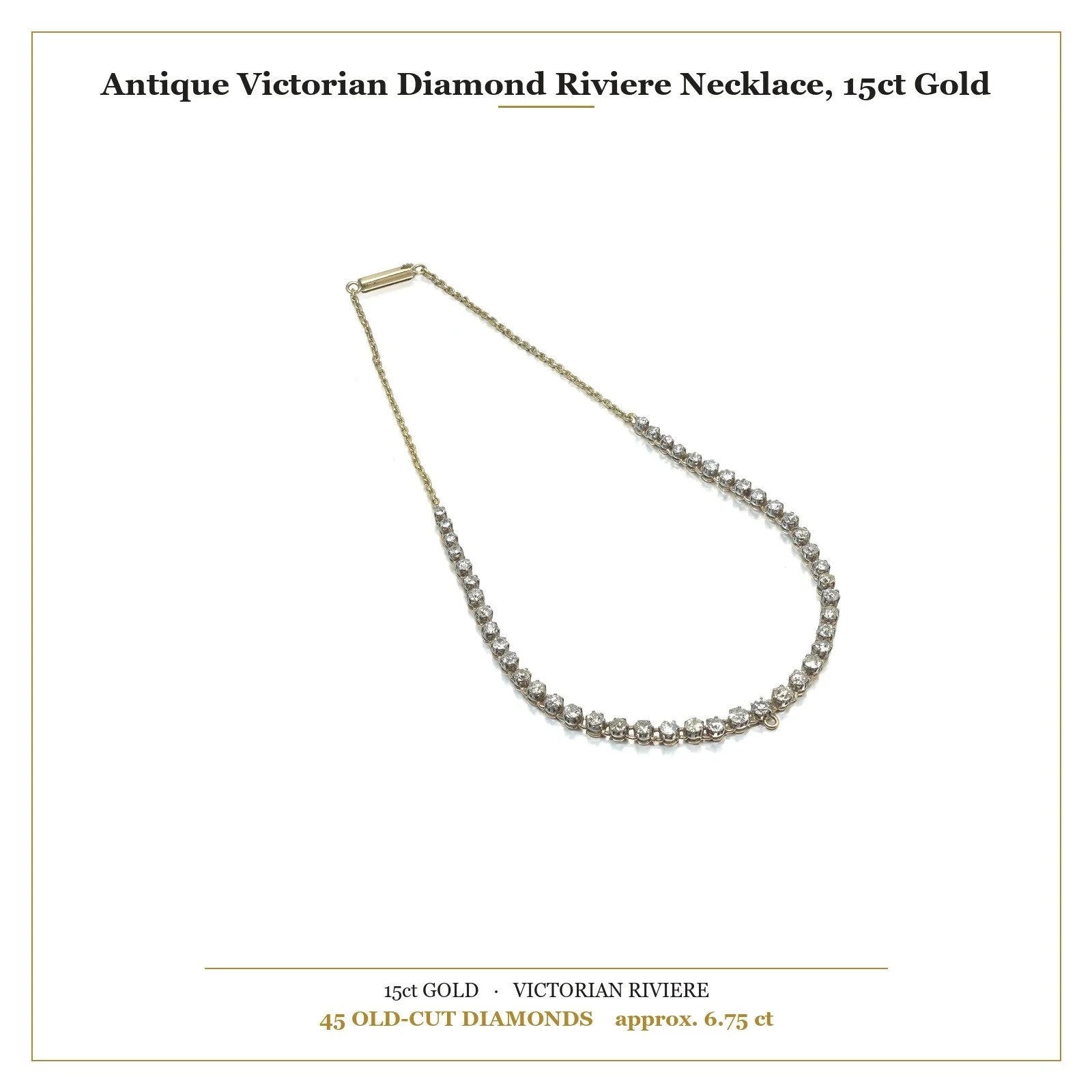 An antique diamond riviere necklace in yellow gold, with measurements