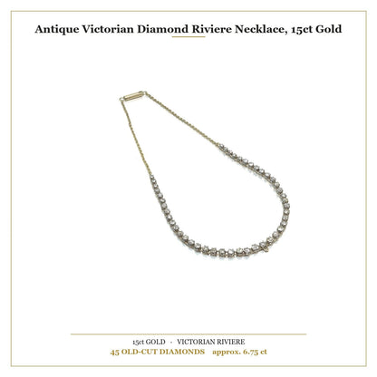 An antique diamond riviere necklace in yellow gold, with measurements