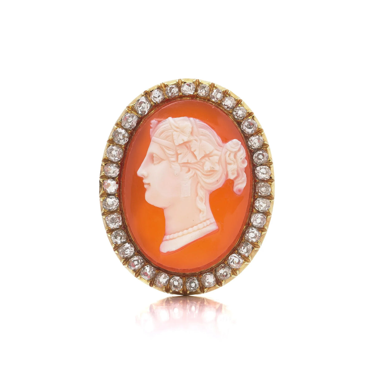 Victorian 18 ct Gold Carnelian Shell Cameo And Old-Cut Diamond Brooch
