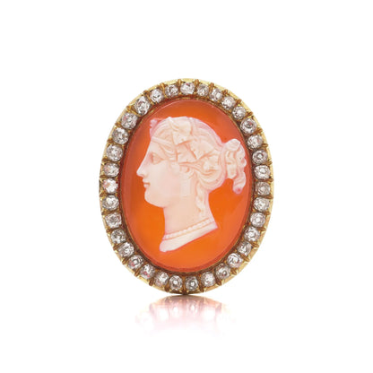 Victorian 18 ct Gold Carnelian Shell Cameo And Old-Cut Diamond Brooch