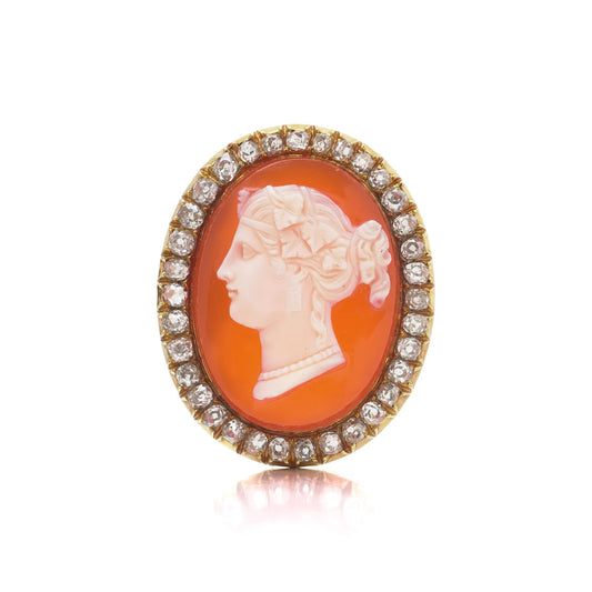 Victorian 18KT Gold Carnelian Shell Cameo and Old-Cut Diamond Brooch
