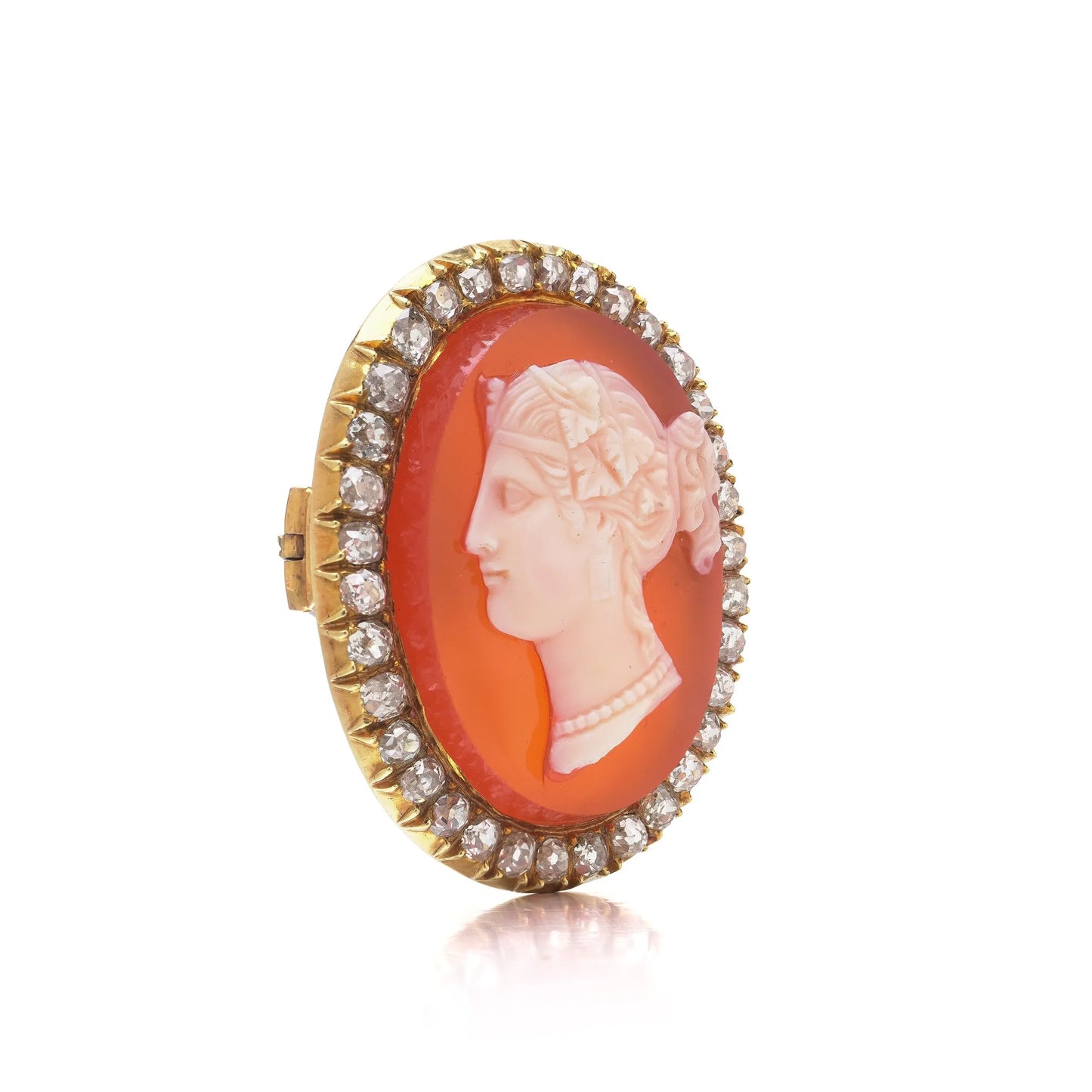 Victorian 18 ct Gold Carnelian Shell Cameo And Old-Cut Diamond Brooch