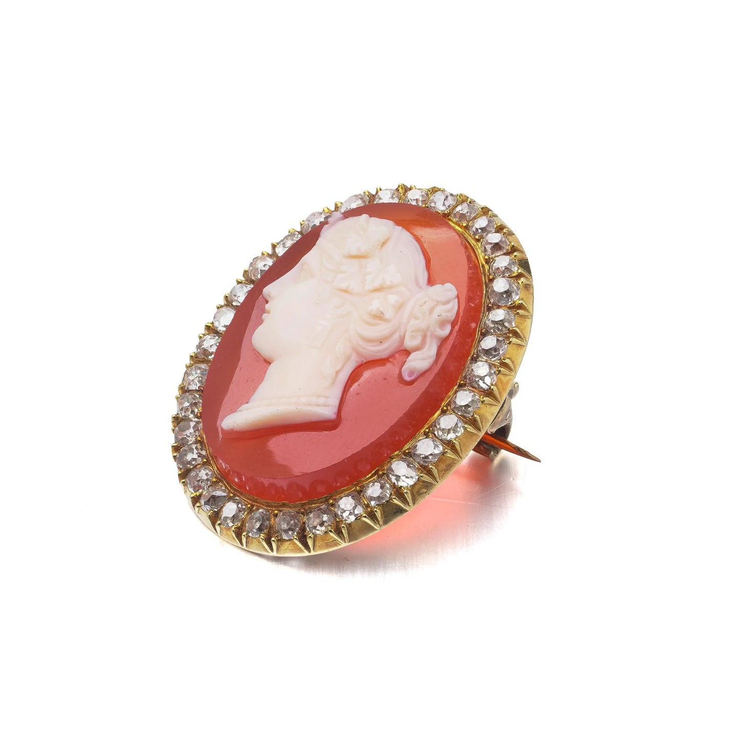 Victorian 18 ct Gold Carnelian Shell Cameo And Old-Cut Diamond Brooch