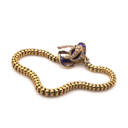 Victorian 20 ct Gold Snake Bracelet With Pearls, Ruby Eyes And Blue Enamel