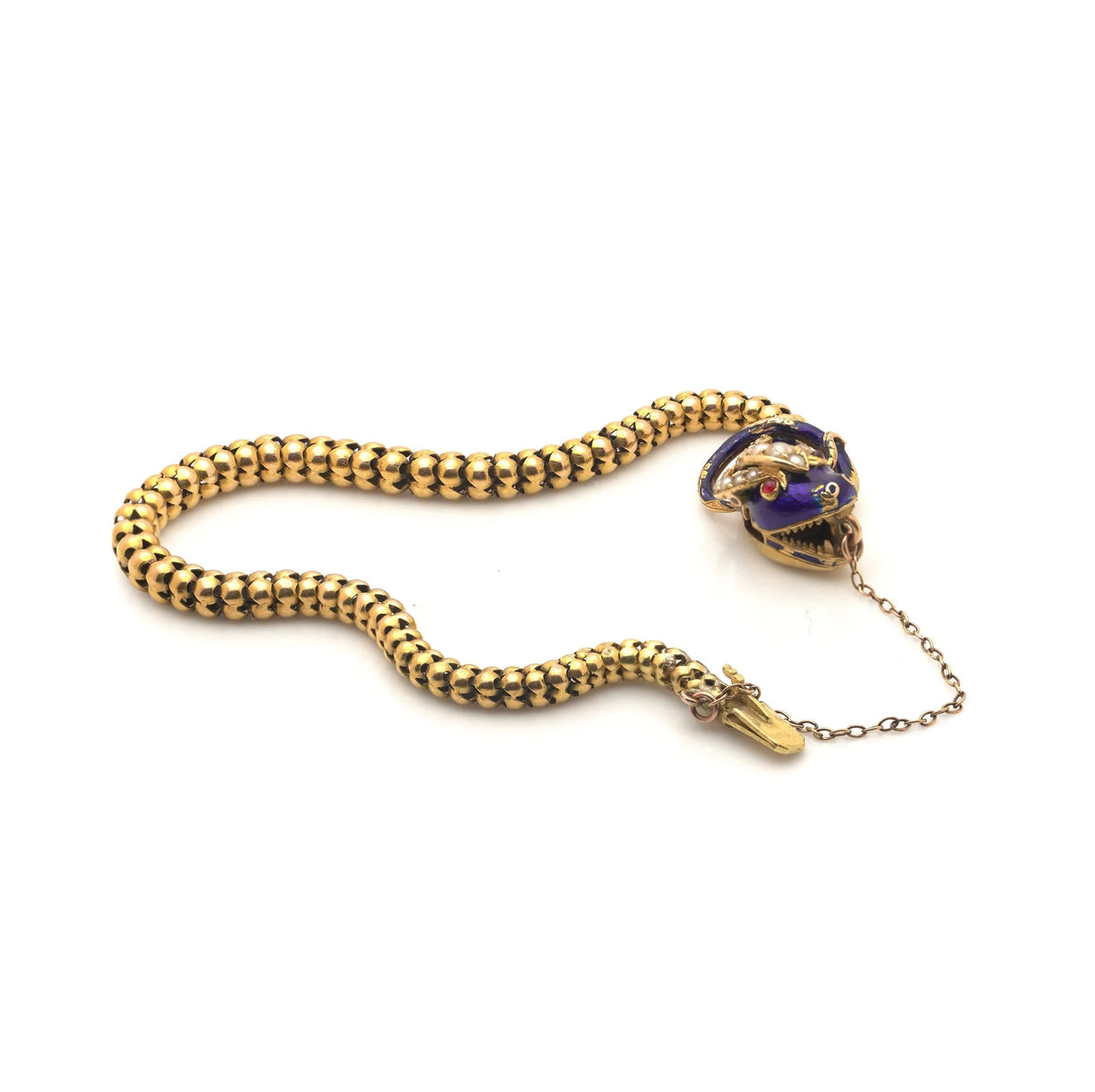 Victorian 20 ct Gold Snake Bracelet With Pearls, Ruby Eyes And Blue Enamel