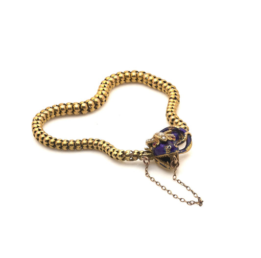 Victorian 20 ct Gold Snake Bracelet With Pearls, Ruby Eyes And Blue Enamel