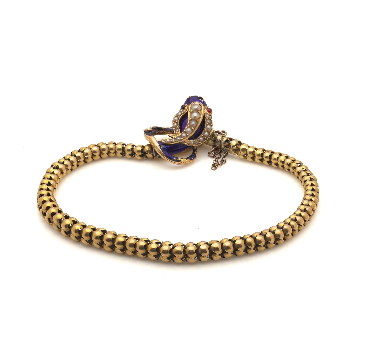 Victorian 20 ct Gold Snake Bracelet With Pearls, Ruby Eyes And Blue Enamel