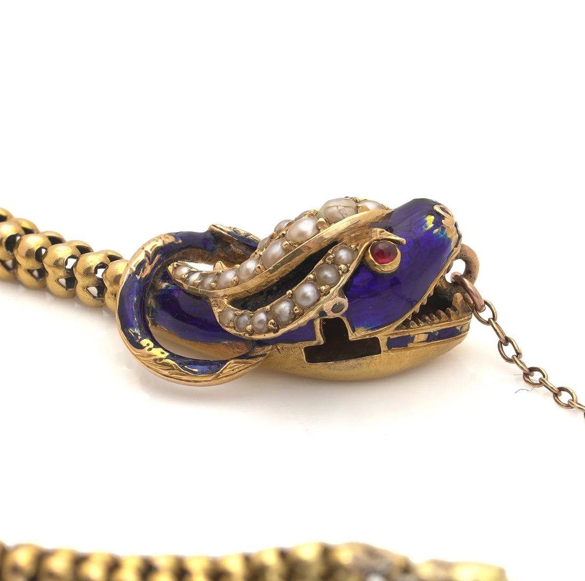 Victorian 20 ct Gold Snake Bracelet With Pearls, Ruby Eyes And Blue Enamel