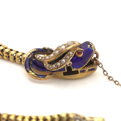 Victorian 20 ct Gold Snake Bracelet With Pearls, Ruby Eyes And Blue Enamel