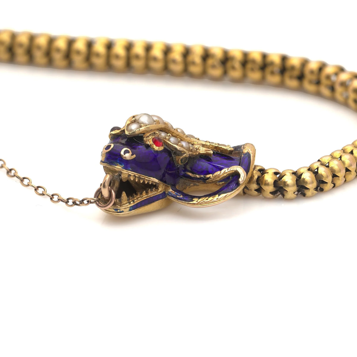 Victorian 20 ct Gold Snake Bracelet With Pearls, Ruby Eyes And Blue Enamel