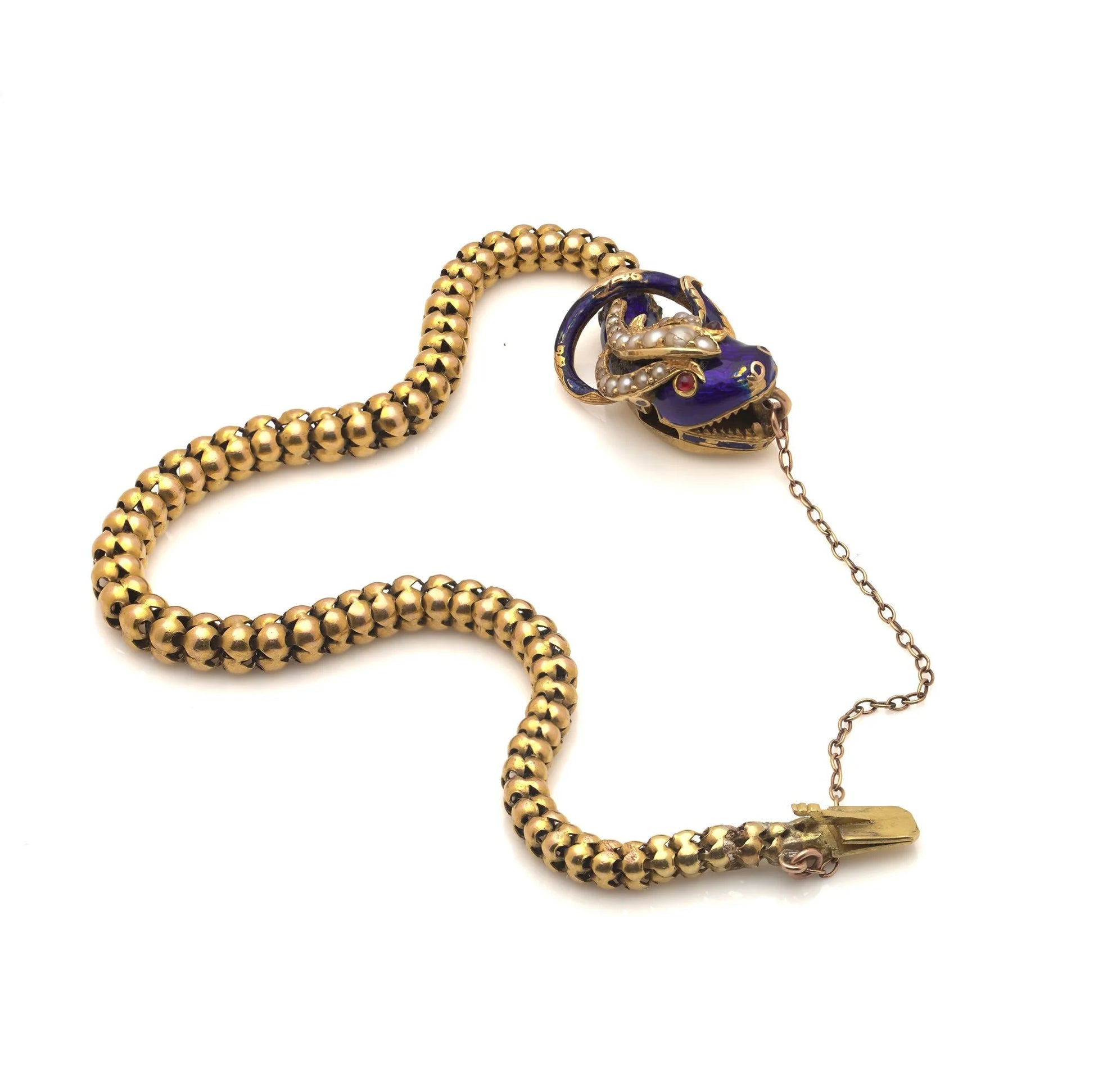 Victorian 20 ct Gold Snake Bracelet With Pearls, Ruby Eyes And Blue Enamel