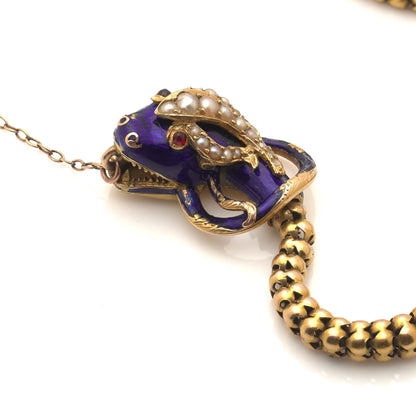 Victorian 20 ct Gold Snake Bracelet With Pearls, Ruby Eyes And Blue Enamel