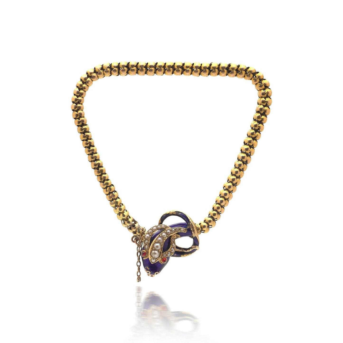 Victorian 20 ct Gold Snake Bracelet With Pearls, Ruby Eyes And Blue Enamel