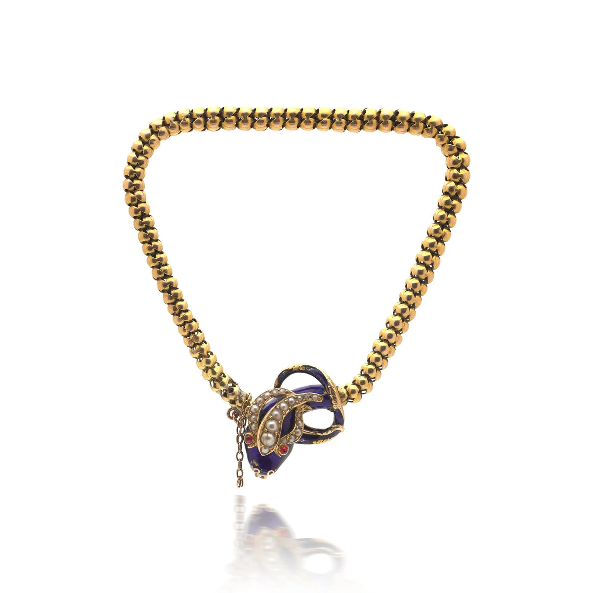 Victorian 20 ct Gold Snake Bracelet With Pearls, Ruby Eyes And Blue Enamel