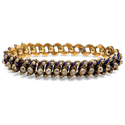 Victorian Antique Blue Enamel Diamond and Gold Expanding Bracelet, Circa 1850