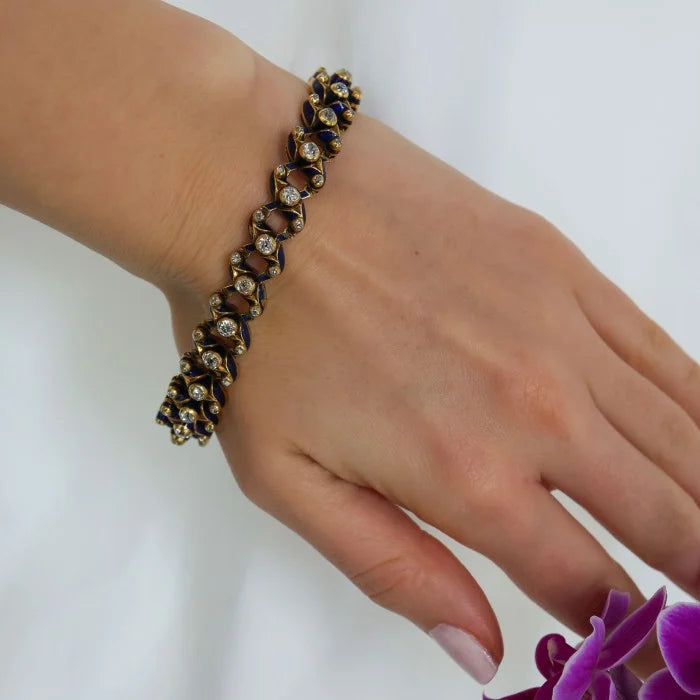 Victorian Antique Blue Enamel Diamond and Gold Expanding Bracelet, Circa 1850