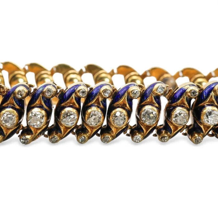 Victorian Antique Blue Enamel Diamond and Gold Expanding Bracelet, Circa 1850