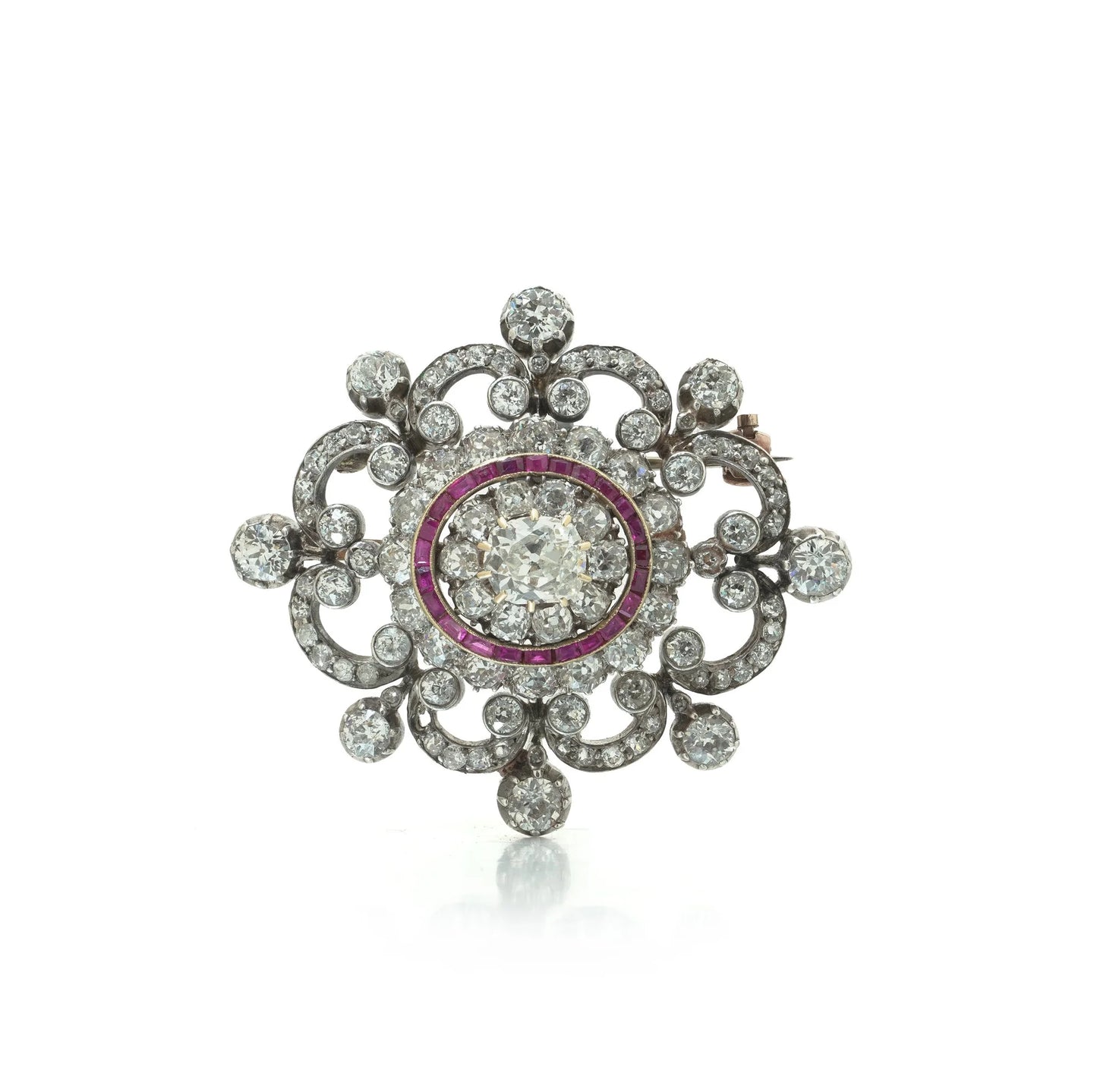 Antique Victorian Diamond and Ruby Brooch, 9ct Gold and Silver