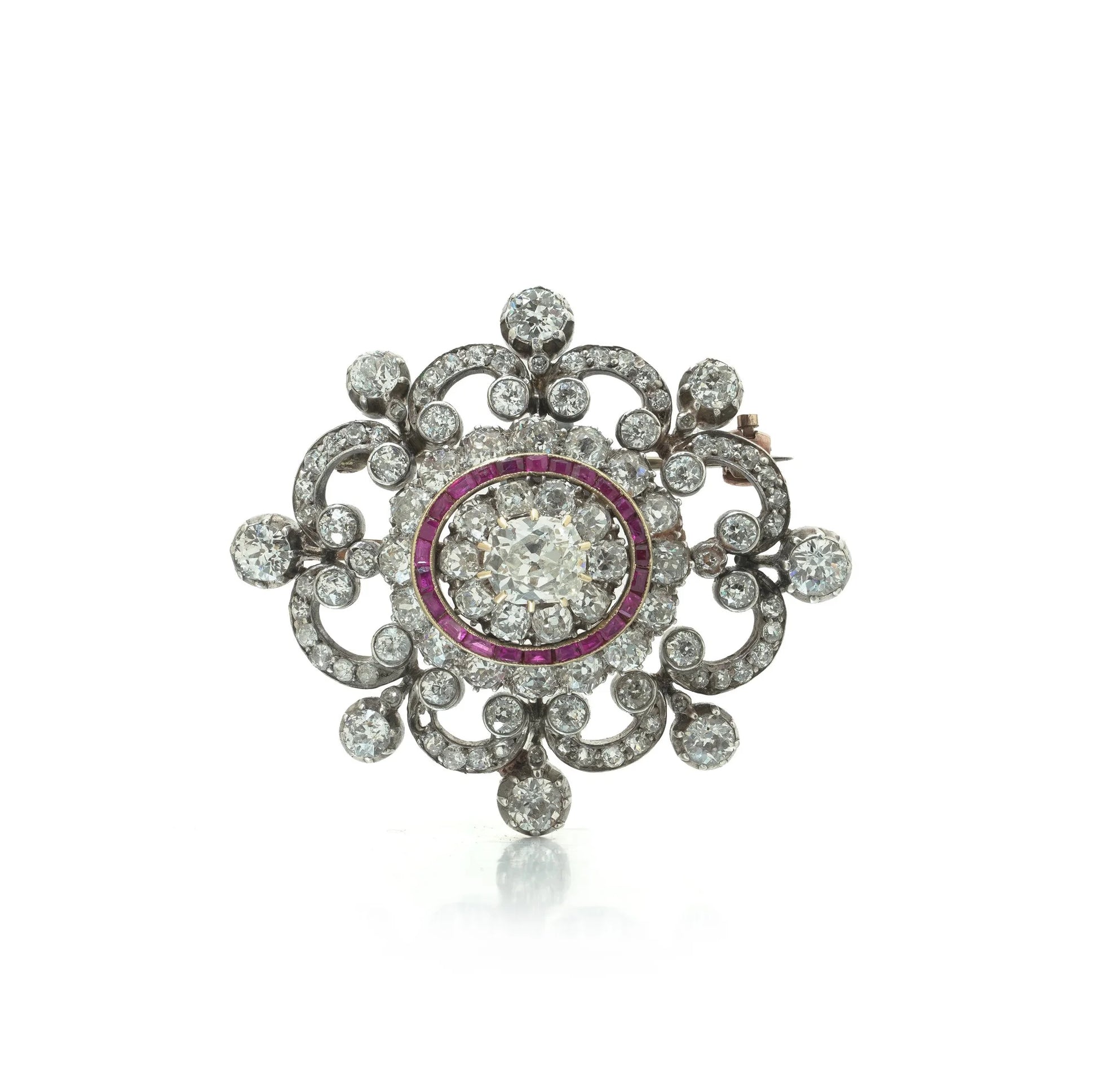 Antique Victorian Diamond and Ruby Brooch, 9ct Gold and Silver