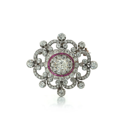 Antique Victorian Diamond and Ruby Brooch, 9ct Gold and Silver