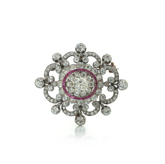 Antique Victorian Diamond and Ruby Brooch, 9ct Gold and Silver