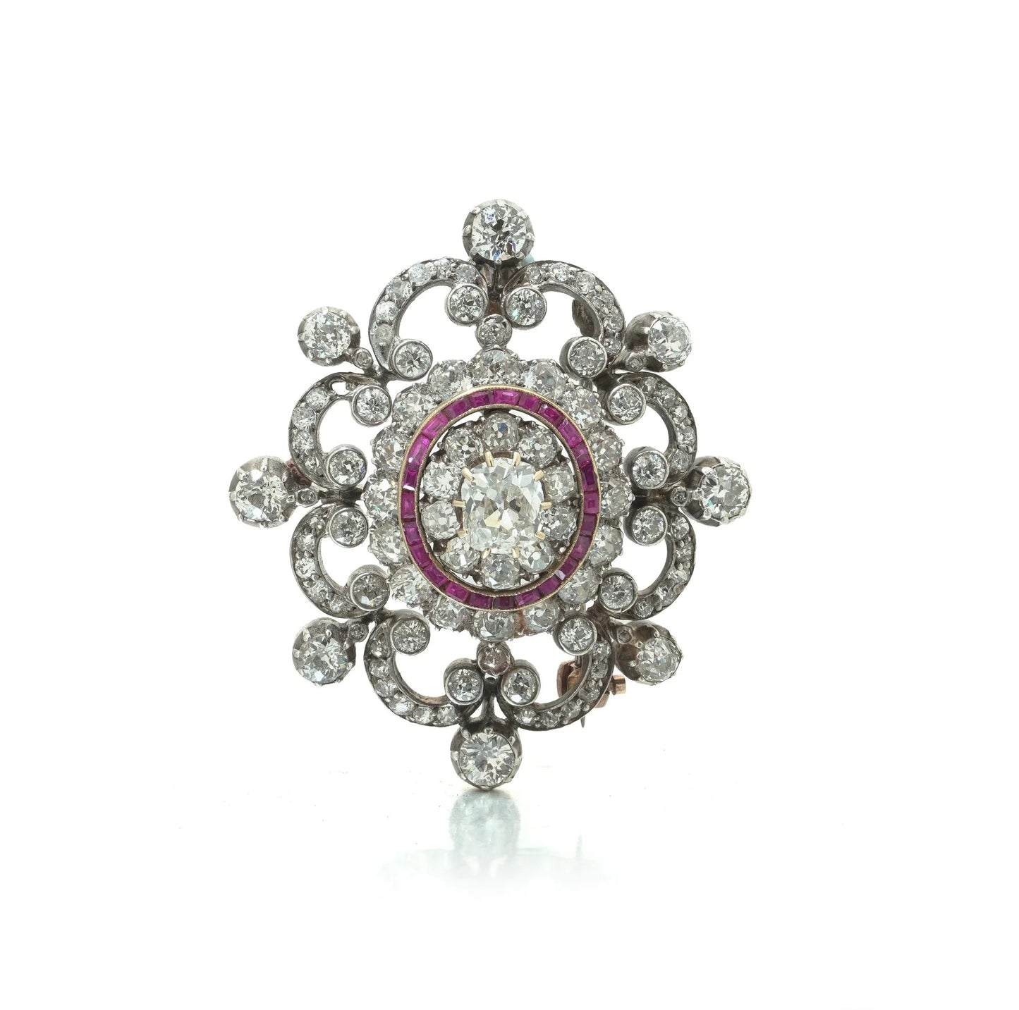 Antique Victorian Diamond and Ruby Brooch, 9ct Gold and Silver