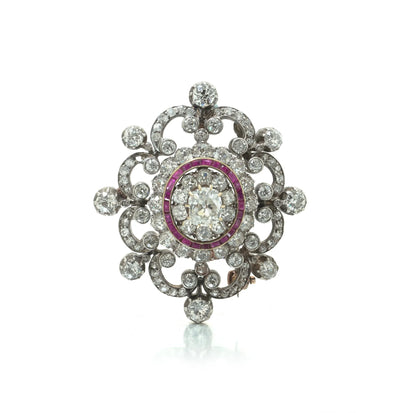 Antique Victorian Diamond and Ruby Brooch, 9ct Gold and Silver
