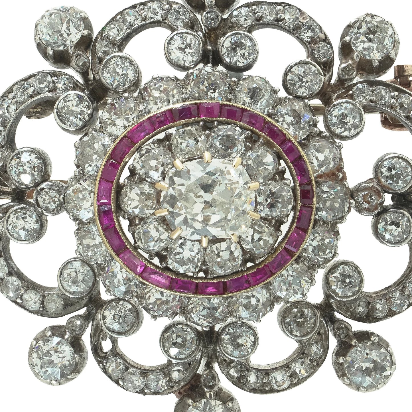 Antique Victorian Diamond and Ruby Brooch, 9ct Gold and Silver