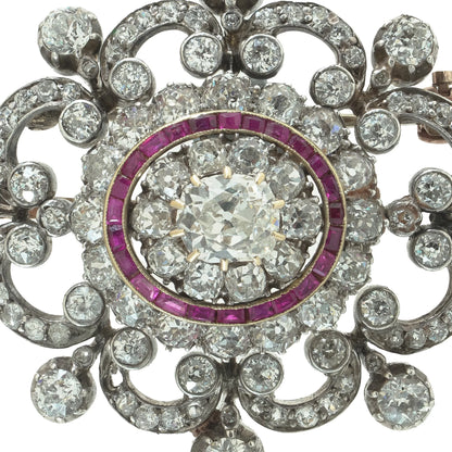 Antique Victorian Diamond and Ruby Brooch, 9ct Gold and Silver