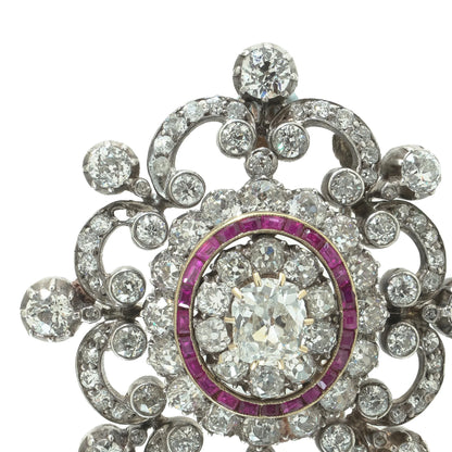 Antique Victorian Diamond and Ruby Brooch, 9ct Gold and Silver