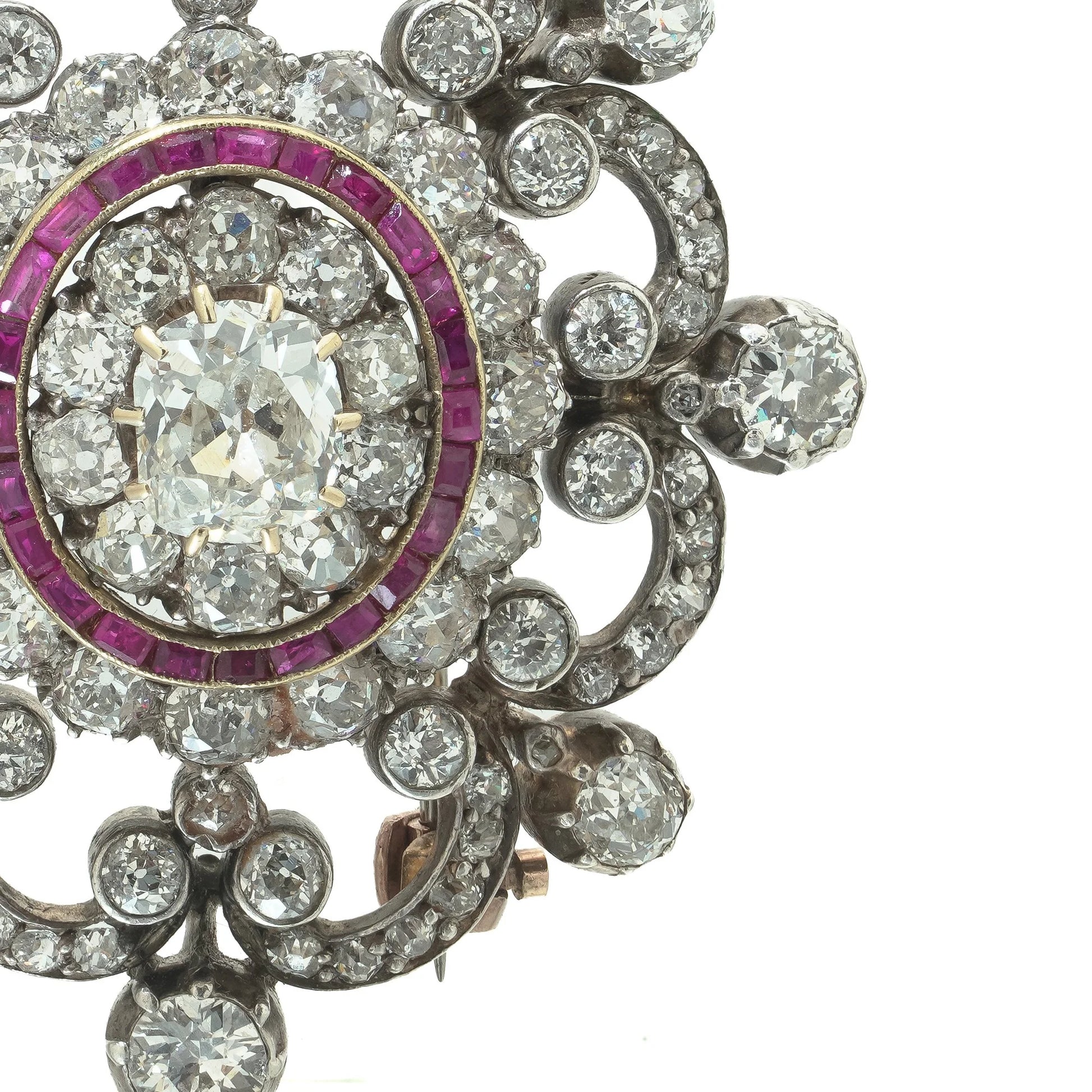 Antique Victorian Diamond and Ruby Brooch, 9ct Gold and Silver