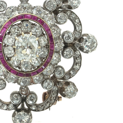 Antique Victorian Diamond and Ruby Brooch, 9ct Gold and Silver