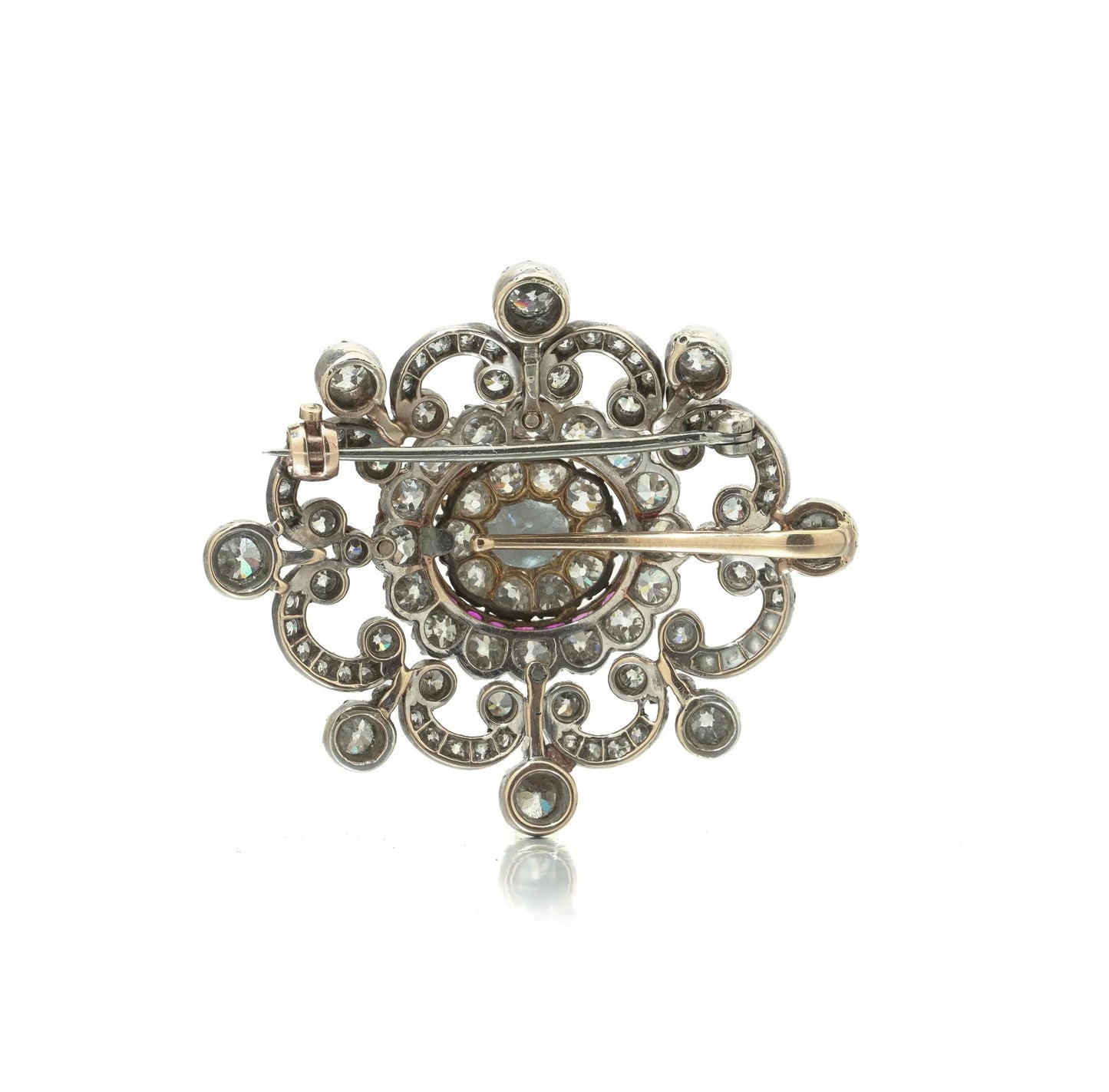 Antique Victorian Diamond and Ruby Brooch, 9ct Gold and Silver