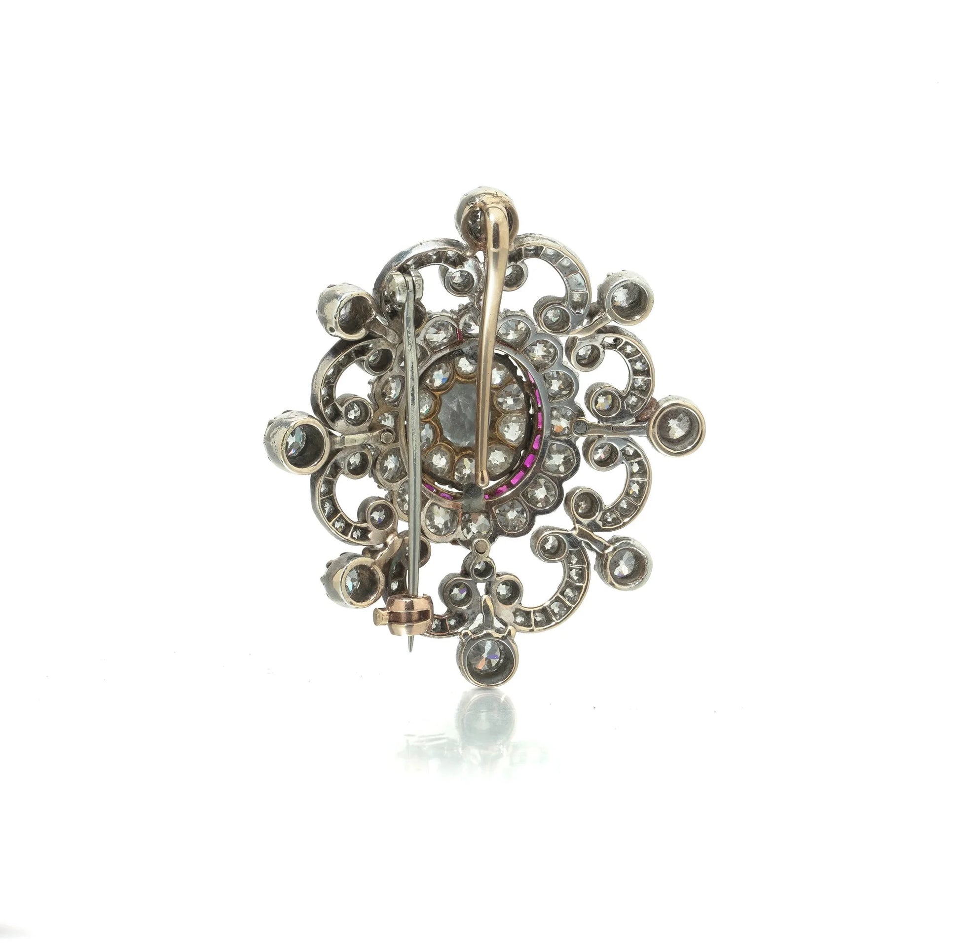 Antique Victorian Diamond and Ruby Brooch, 9ct Gold and Silver